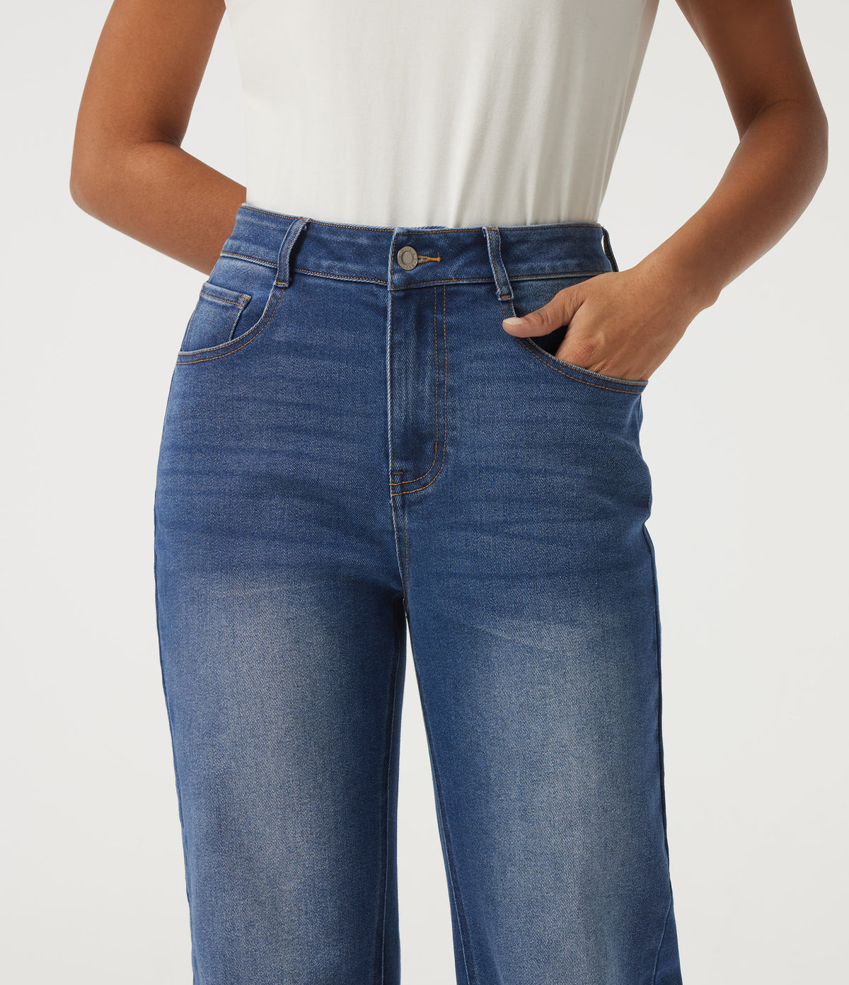 Mid Rise Straight Leg Denim Casual Jeans with Pockets — Estate Blue Denim — view 4