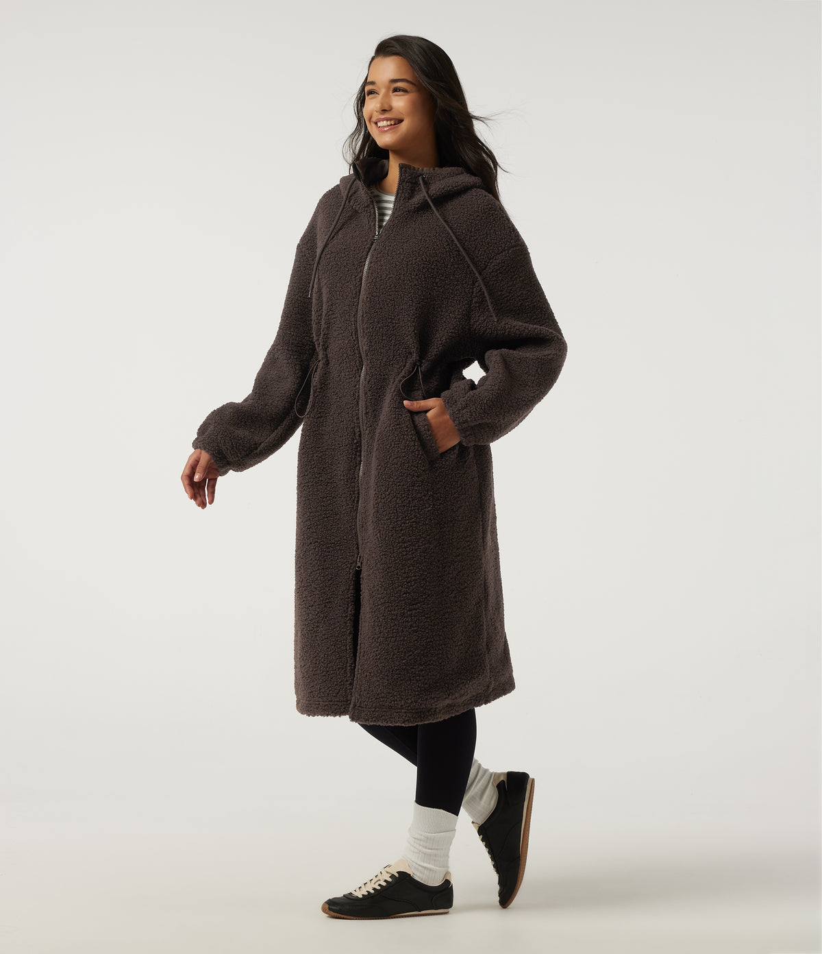 Hooded Long Sleeve Longline Casual Coat with Pockets — Seal Brown — view 3