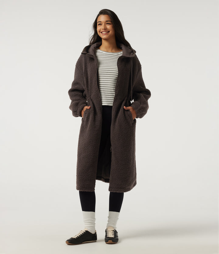 Hooded Long Sleeve Longline Casual Coat with Pockets — Seal Brown — view 1