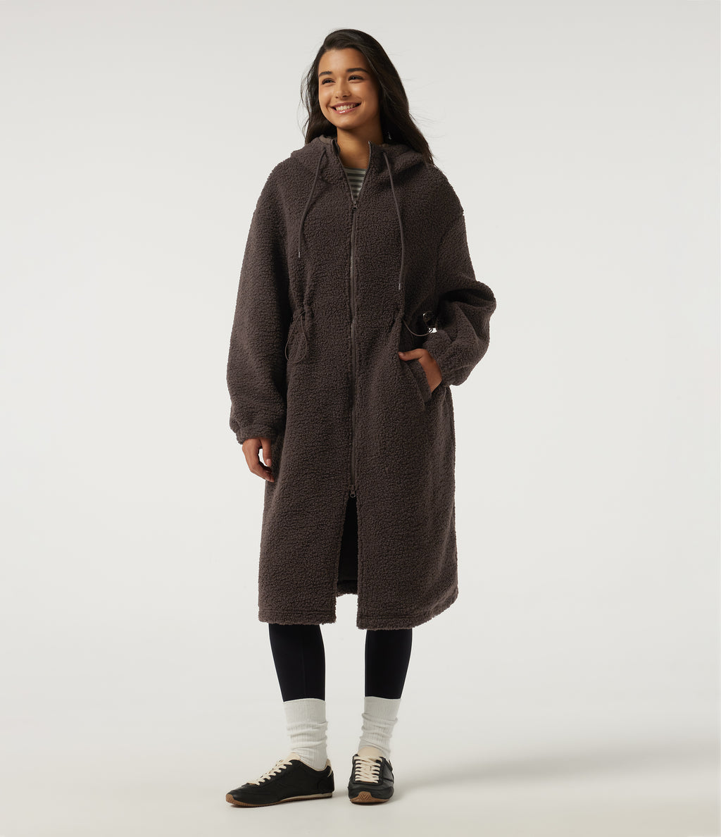 Hooded Long Sleeve Longline Casual Coat with Pockets — Seal Brown — view 4