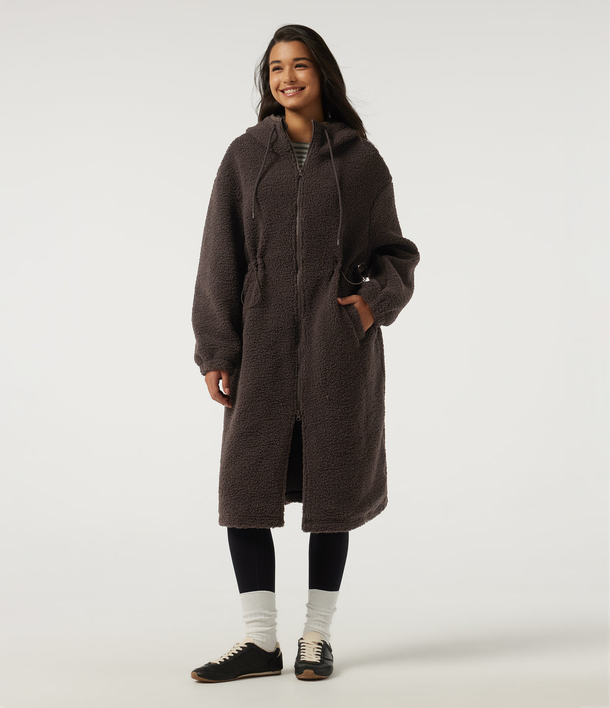 Hooded Long Sleeve Longline Casual Coat with Pockets — Seal Brown — view 4