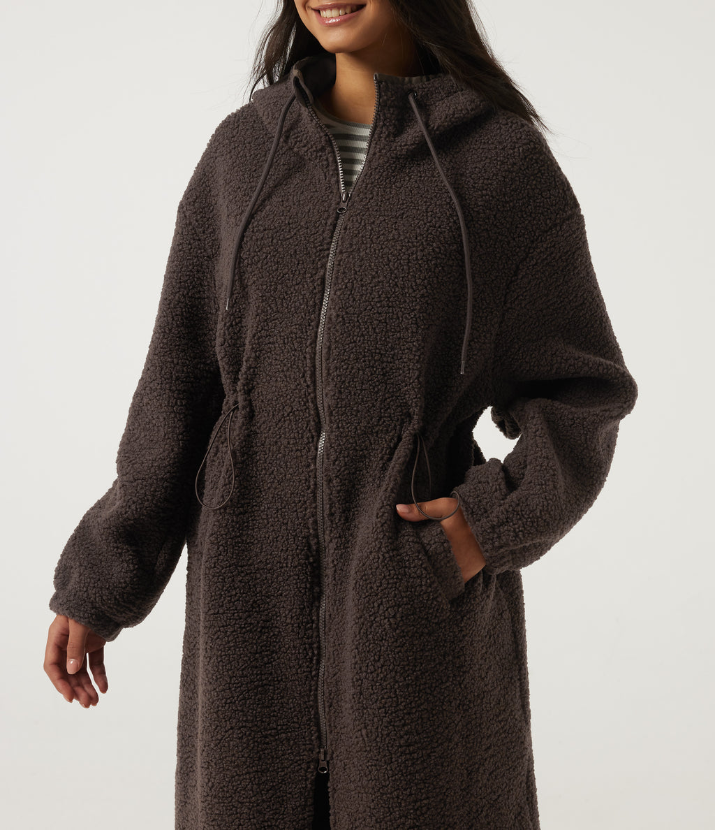 Hooded Long Sleeve Longline Casual Coat with Pockets — Seal Brown — view 5