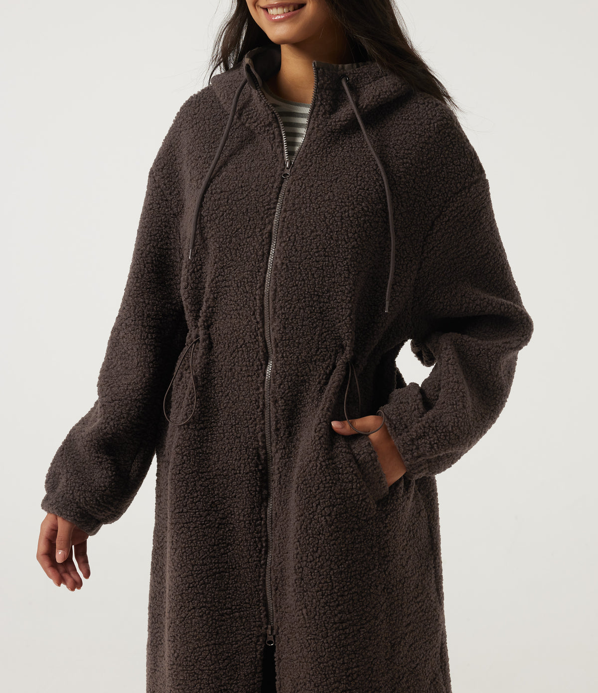 Hooded Long Sleeve Longline Casual Coat with Pockets — Seal Brown — view 5