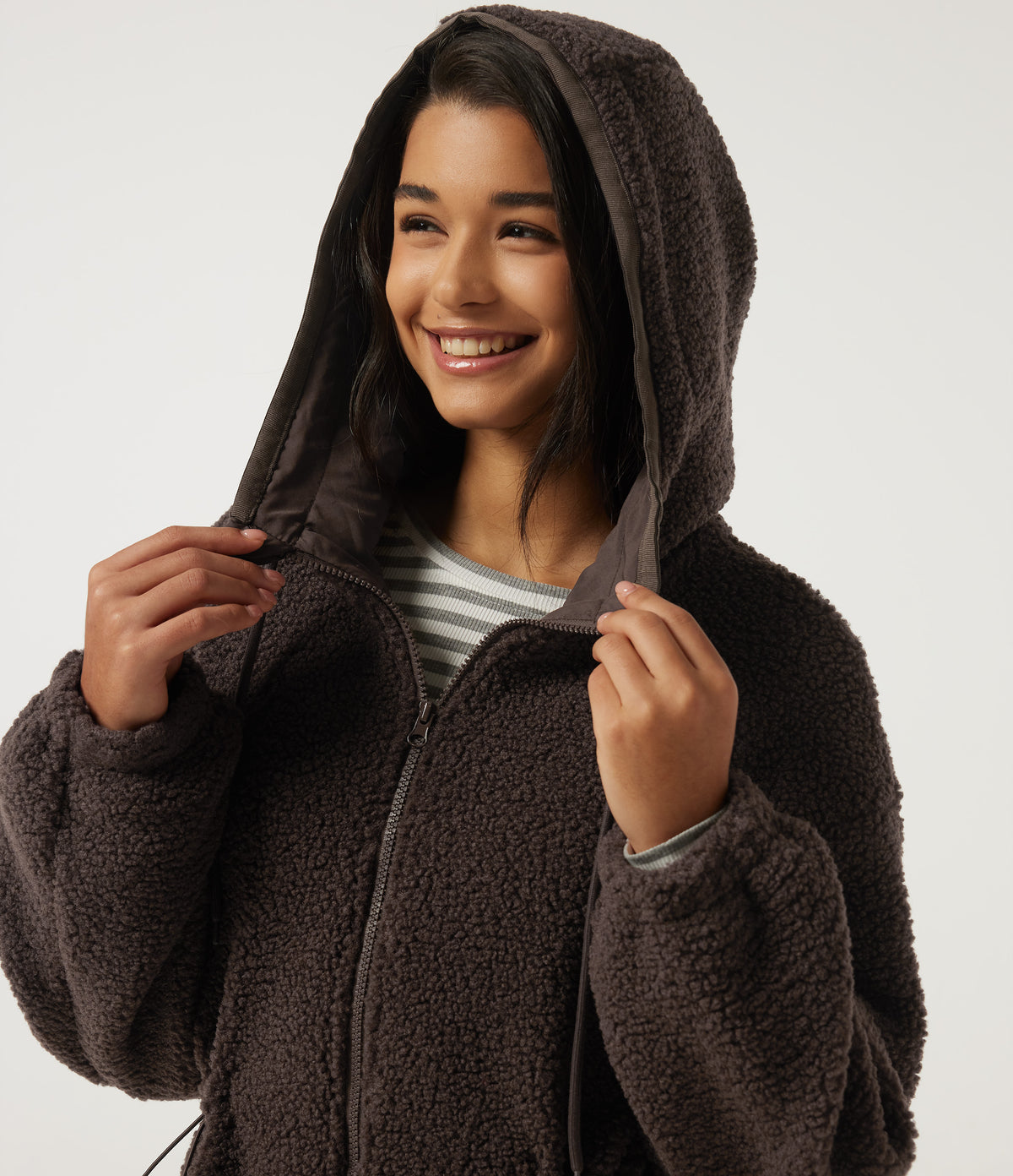 Hooded Long Sleeve Longline Casual Coat with Pockets — Seal Brown — view 8