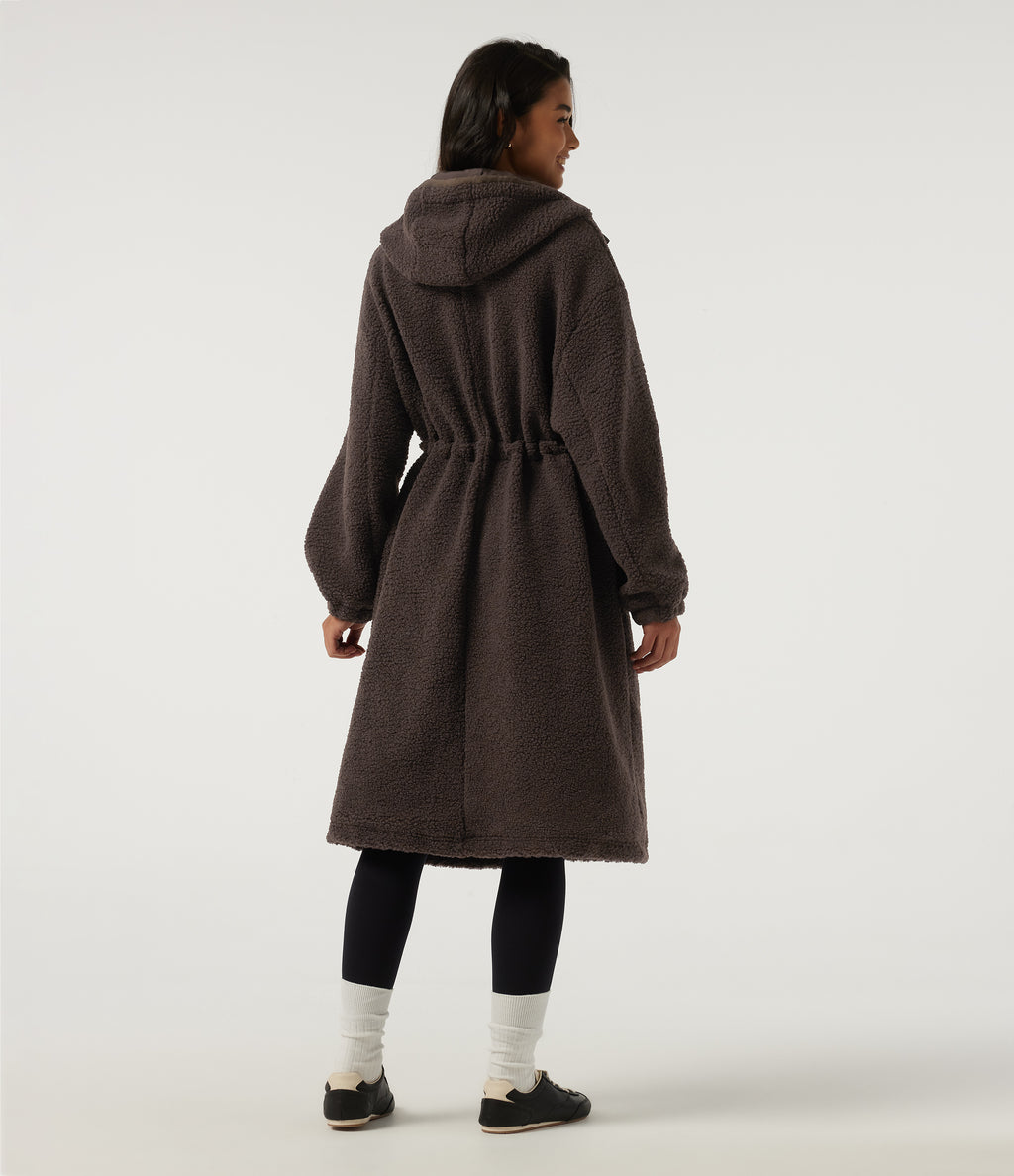 Hooded Long Sleeve Longline Casual Coat with Pockets — Seal Brown — view 2