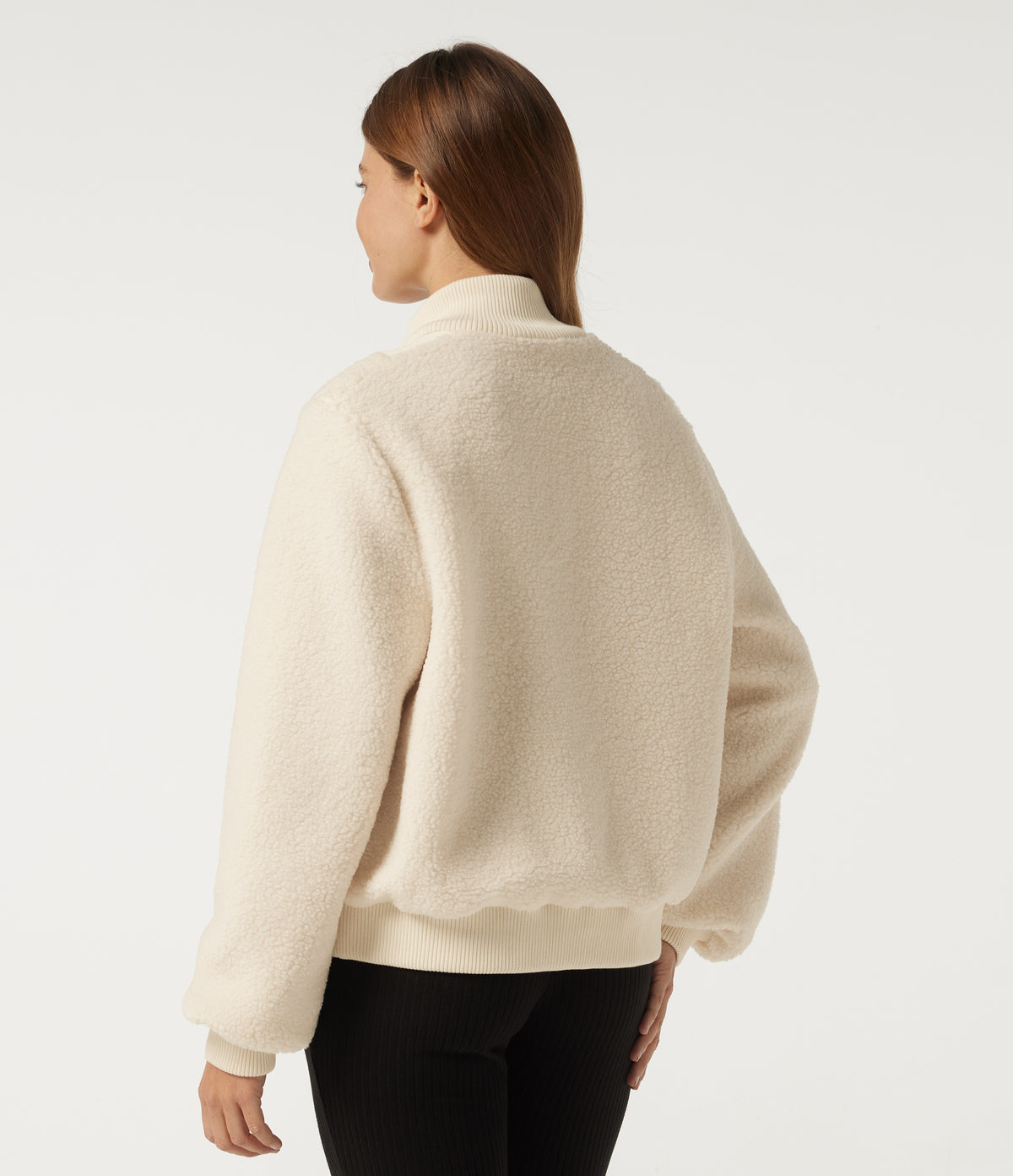 Mock Neck Long Sleeve Casual Sherpa Jacket with Pockets — Eggnog — view 2