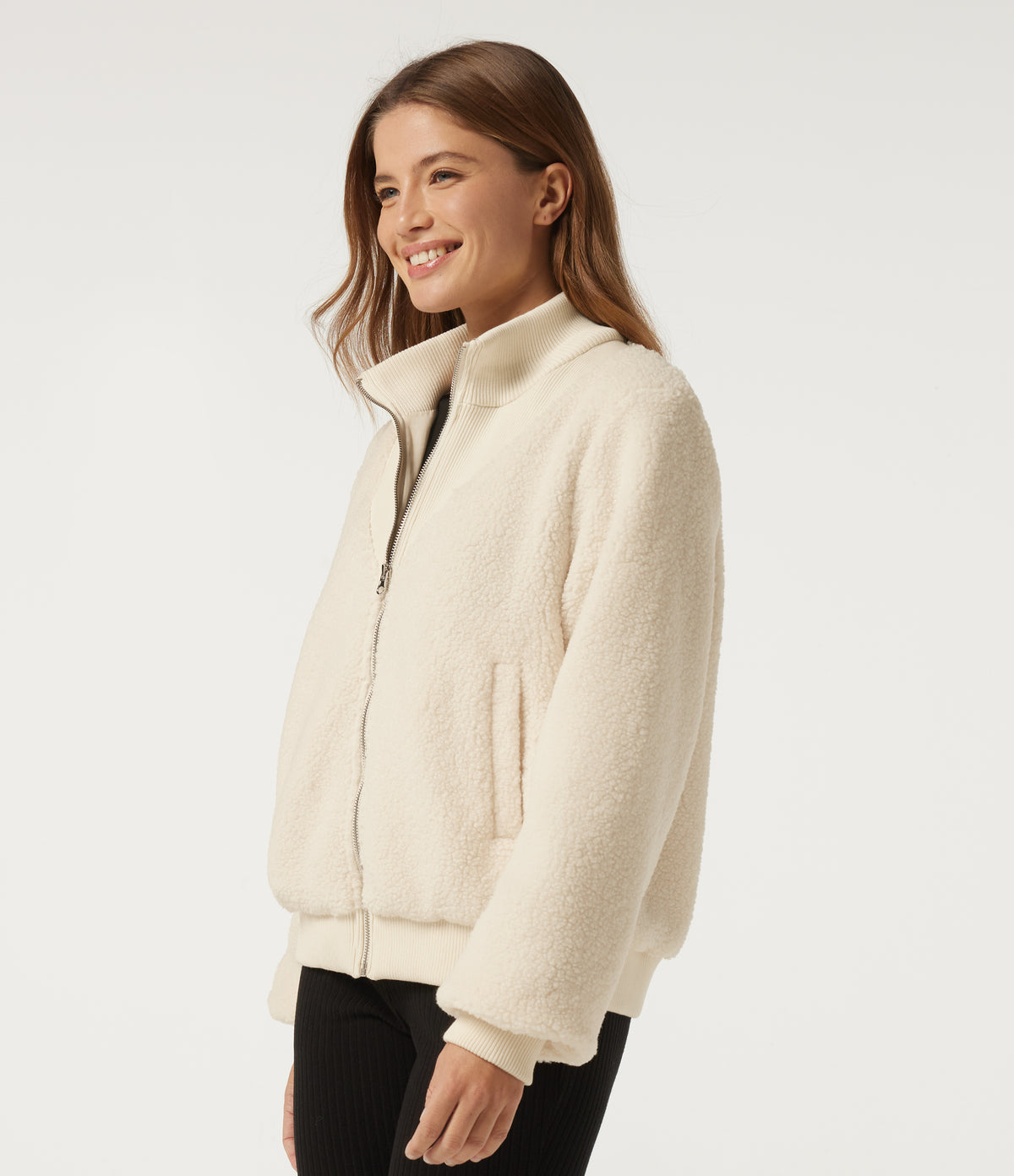 Mock Neck Long Sleeve Casual Sherpa Jacket with Pockets — Eggnog — view 3