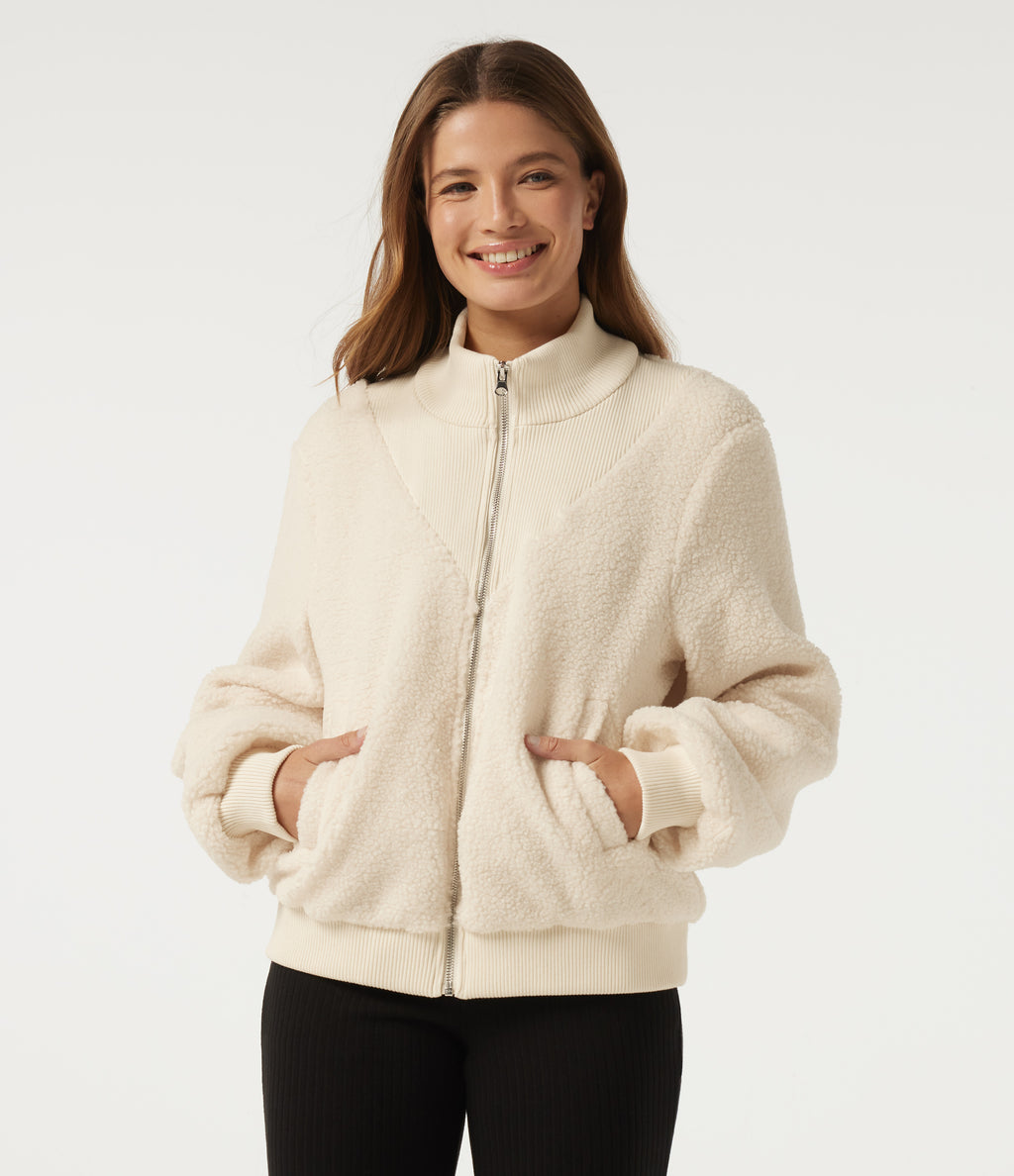 Mock Neck Long Sleeve Casual Sherpa Jacket with Pockets — Eggnog — view 5