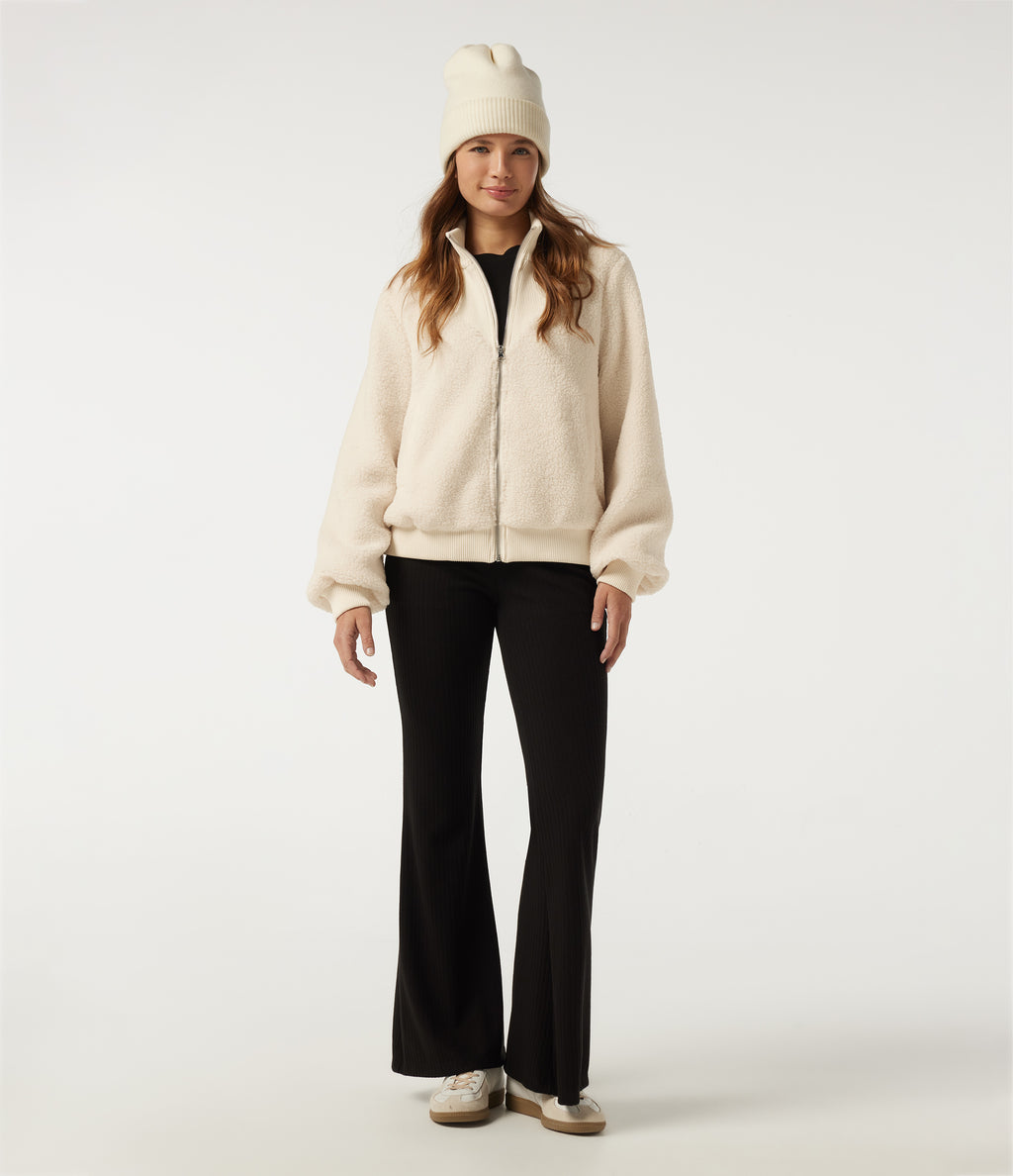 Mock Neck Long Sleeve Casual Sherpa Jacket with Pockets — Eggnog — view 7