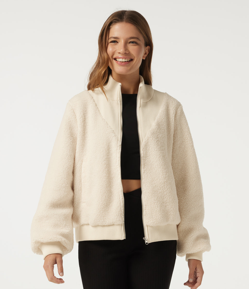 Mock Neck Long Sleeve Casual Sherpa Jacket with Pockets — Eggnog — view 4