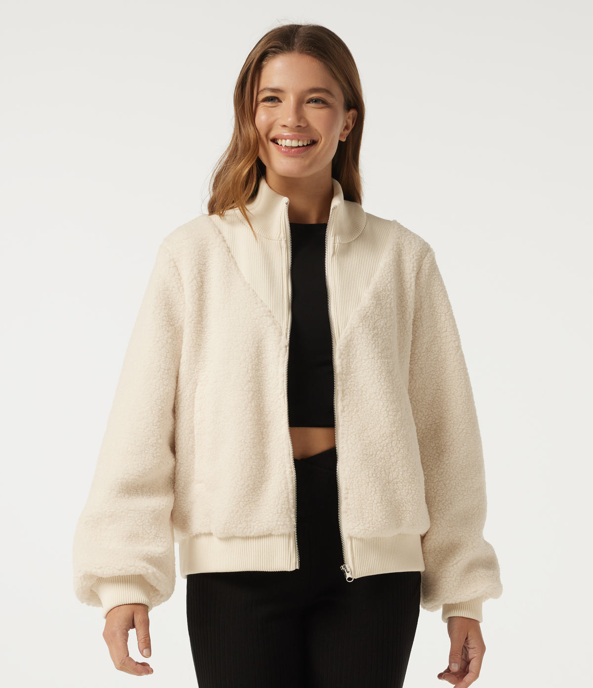 Mock Neck Long Sleeve Casual Sherpa Jacket with Pockets — Eggnog — view 4