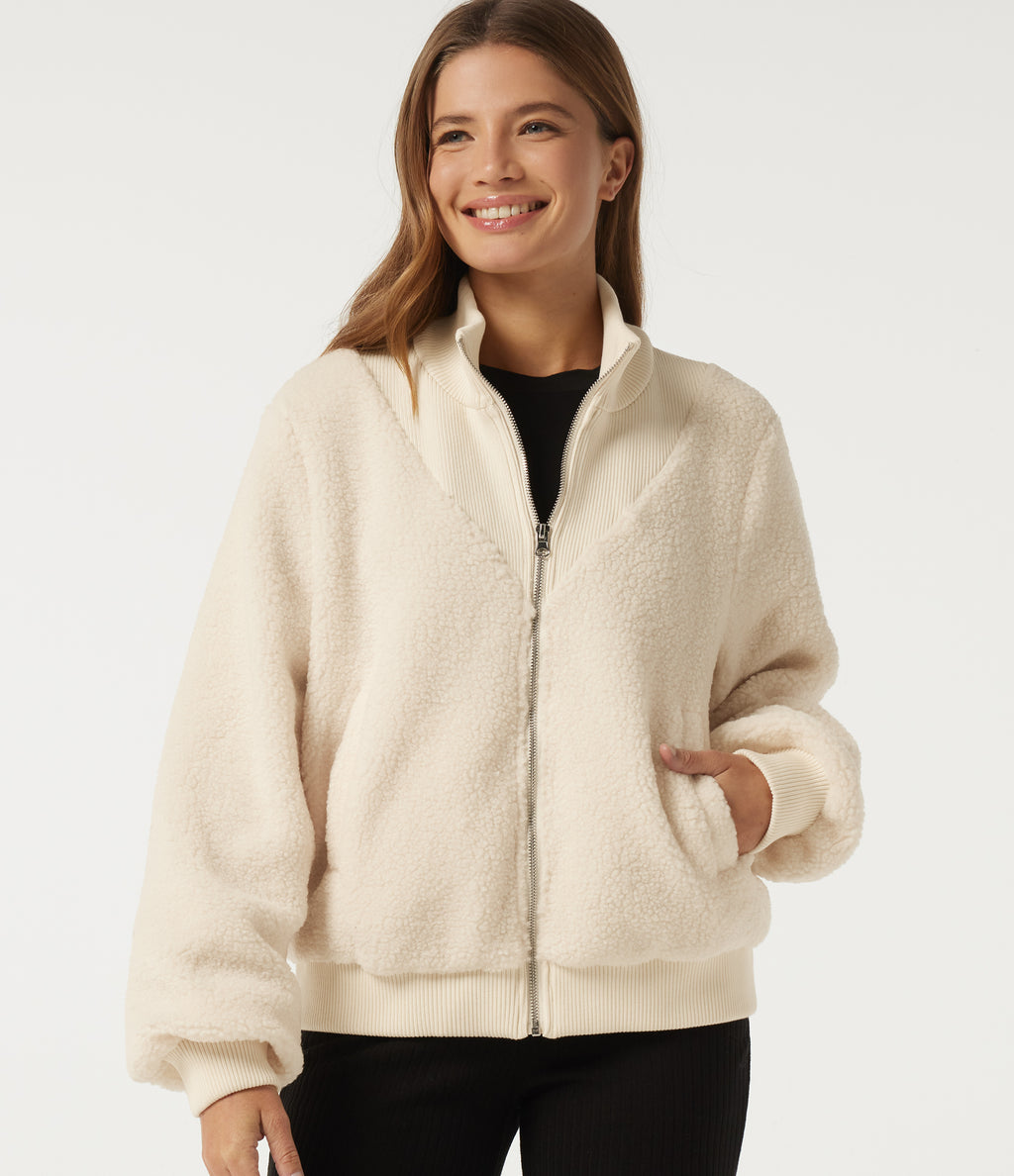Mock Neck Long Sleeve Casual Sherpa Jacket with Pockets — Eggnog — view 1