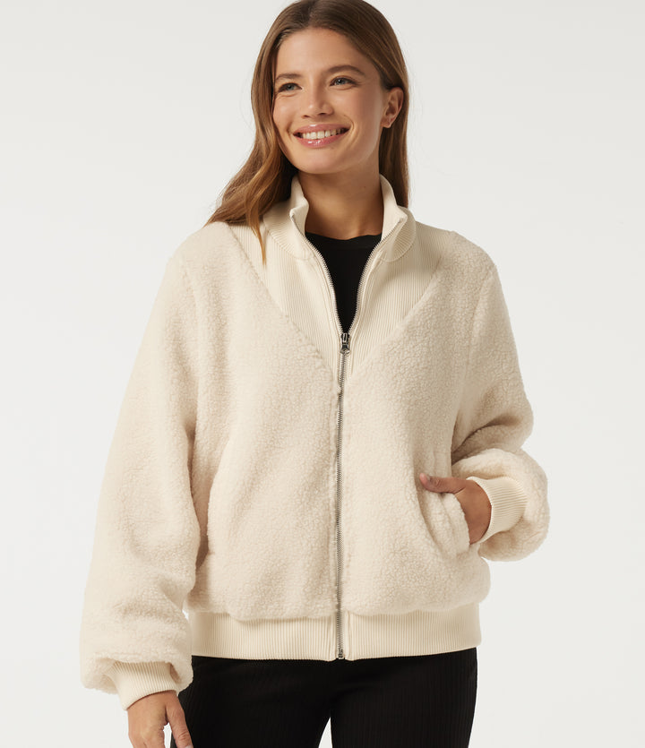 Mock Neck Long Sleeve Casual Sherpa Jacket with Pockets — Eggnog — view 1