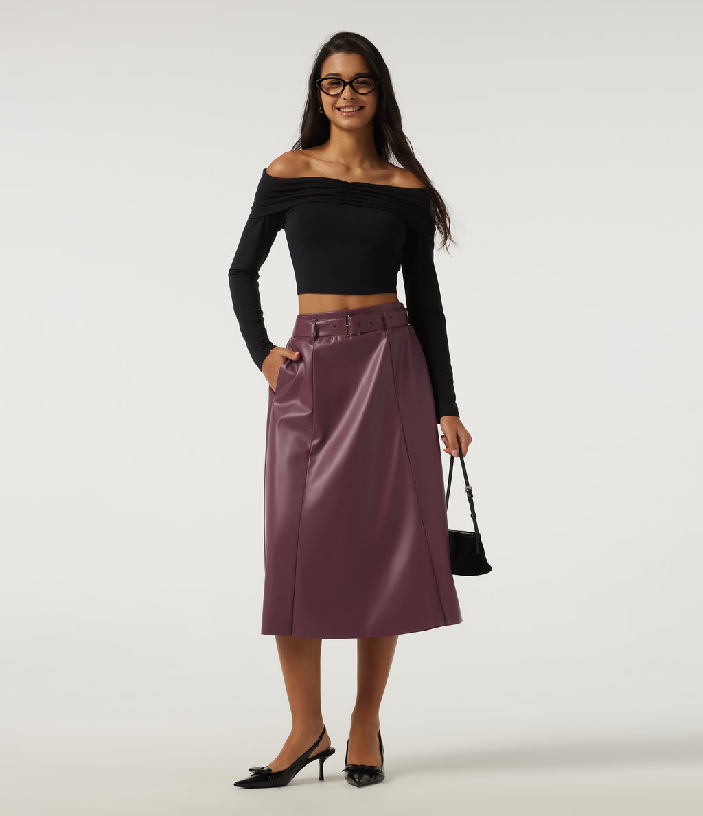High Waisted A-Line Work Faux Leather Midi Skirt with Pockets — Mauve Wine — view 7