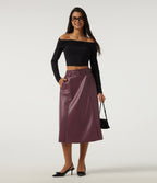 High Waisted A-Line Work Faux Leather Midi Skirt with Pockets — Mauve Wine — view 7