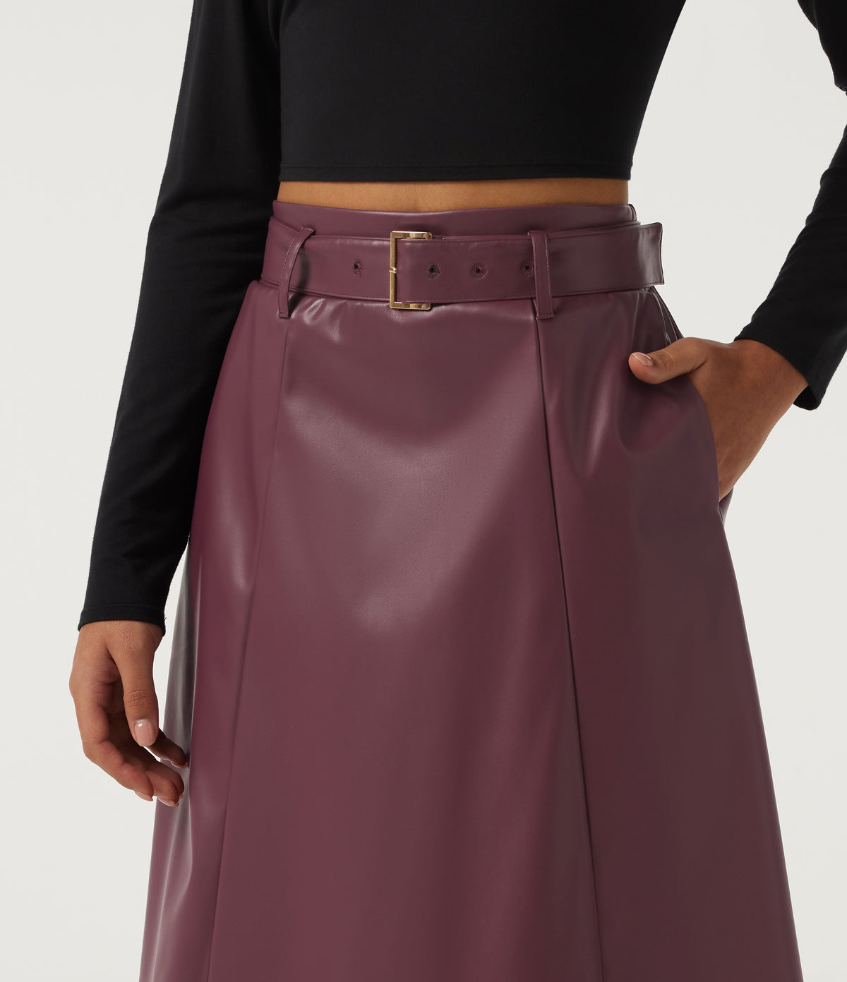 High Waisted A-Line Work Faux Leather Midi Skirt with Pockets — Mauve Wine — view 5