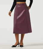 High Waisted A-Line Work Faux Leather Midi Skirt with Pockets — Mauve Wine — view 4