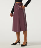 High Waisted A-Line Work Faux Leather Midi Skirt with Pockets — Mauve Wine — view 3