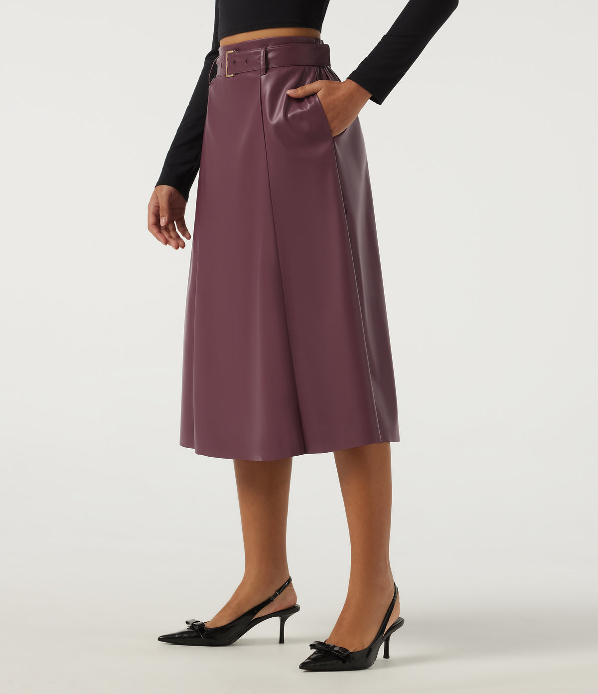 High Waisted A-Line Work Faux Leather Midi Skirt with Pockets — Mauve Wine — view 3