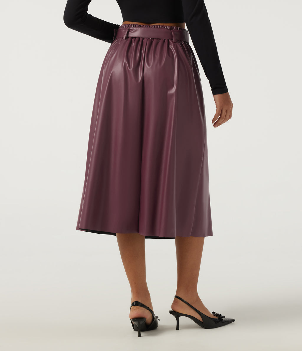High Waisted A-Line Work Faux Leather Midi Skirt with Pockets — Mauve Wine — view 2