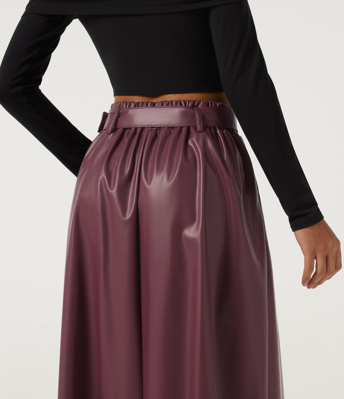 High Waisted A-Line Work Faux Leather Midi Skirt with Pockets — Mauve Wine — view 6
