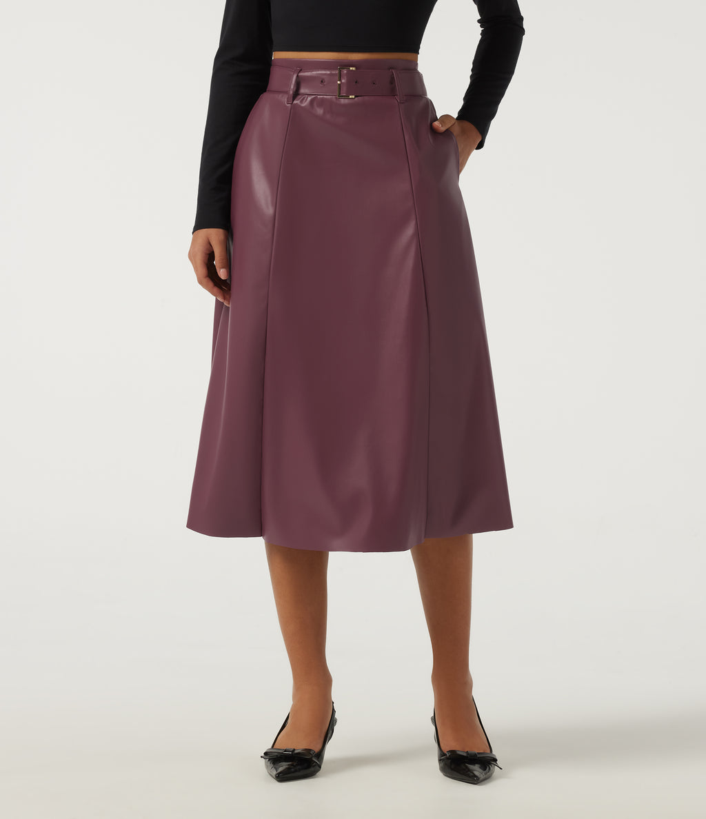 High Waisted A-Line Work Faux Leather Midi Skirt with Pockets — Mauve Wine — view 1