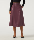 High Waisted A-Line Work Faux Leather Midi Skirt with Pockets — Mauve Wine — view 1