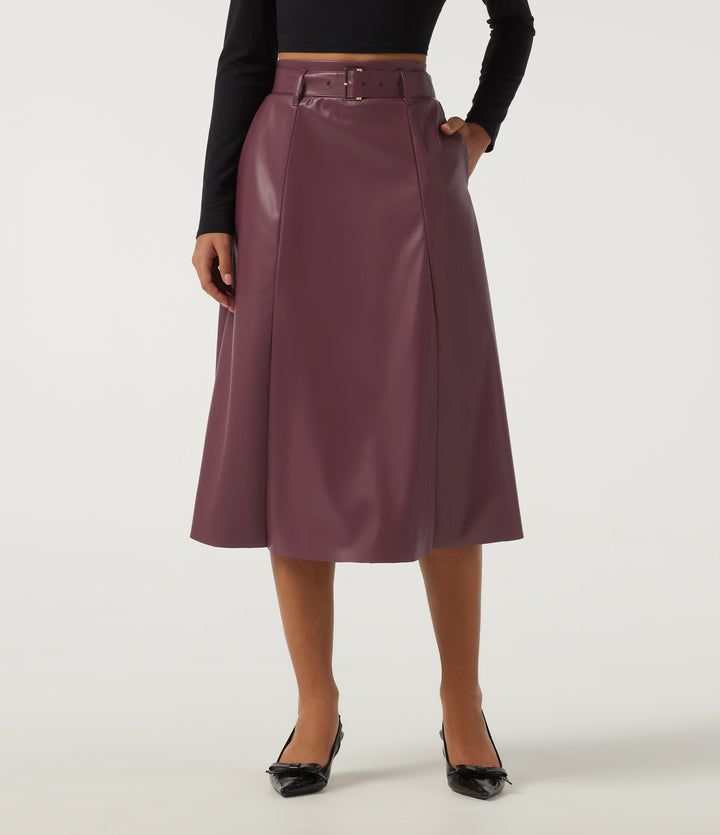 High Waisted A-Line Work Faux Leather Midi Skirt with Pockets — Mauve Wine — view 1