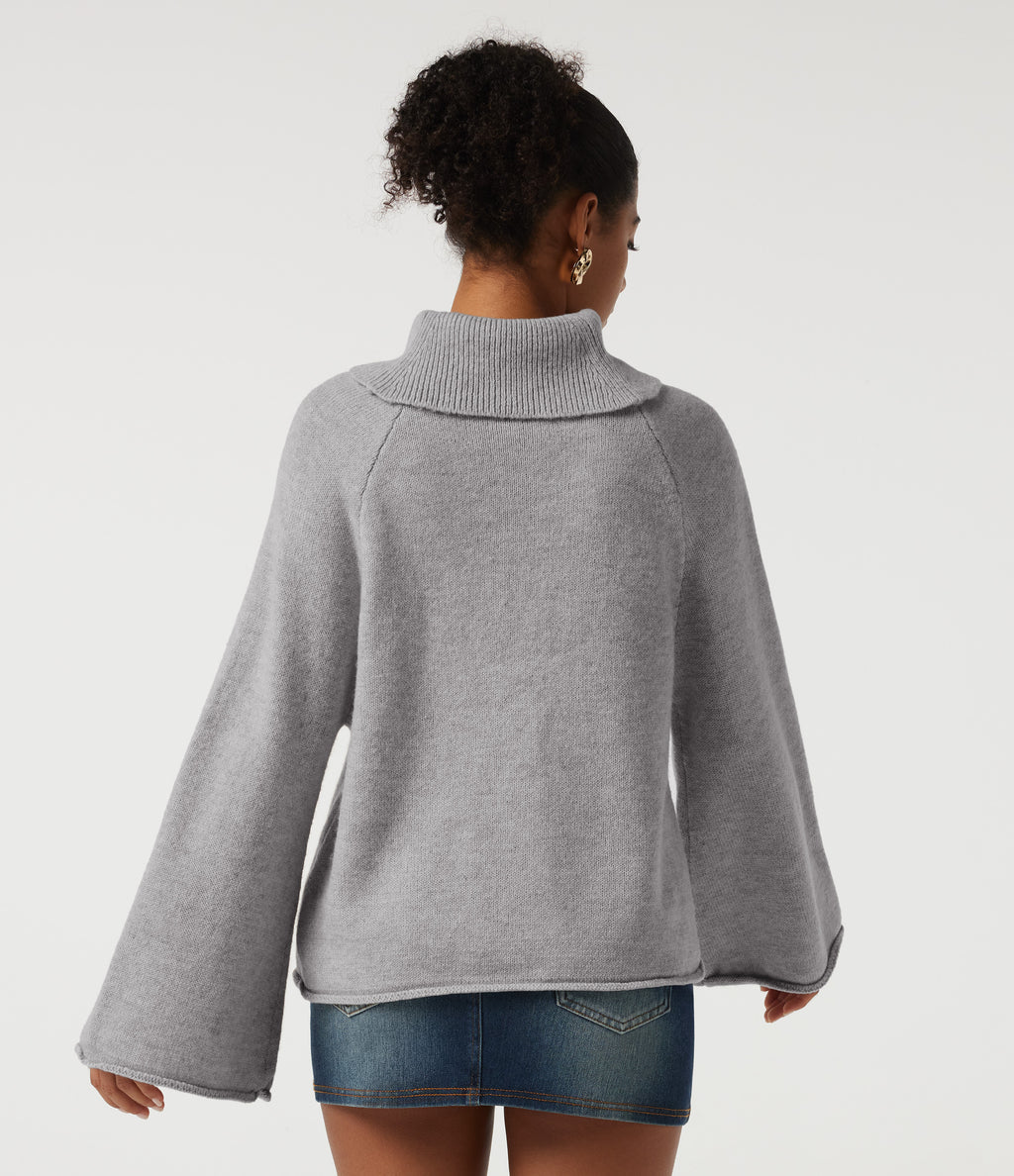 High Neck Long Sleeve Rolled Hem Casual Jumper — Hemp Gray Mix — view 2