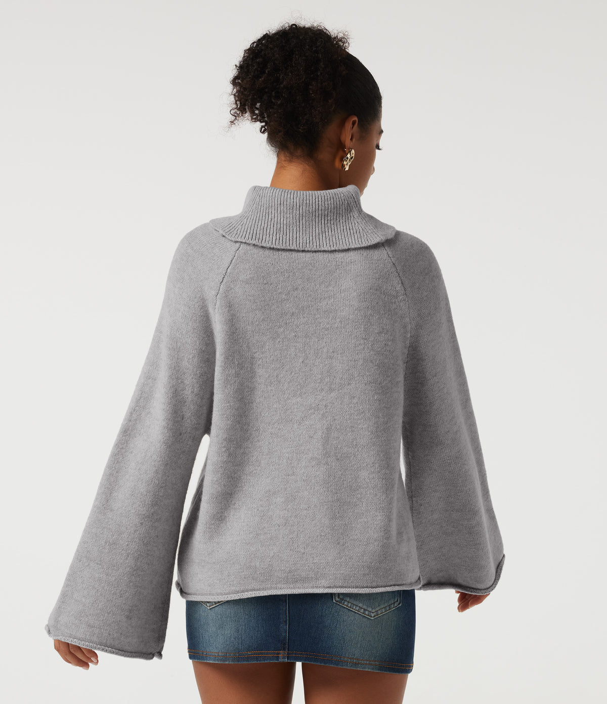High Neck Long Sleeve Rolled Hem Casual Jumper — Hemp Gray Mix — view 2
