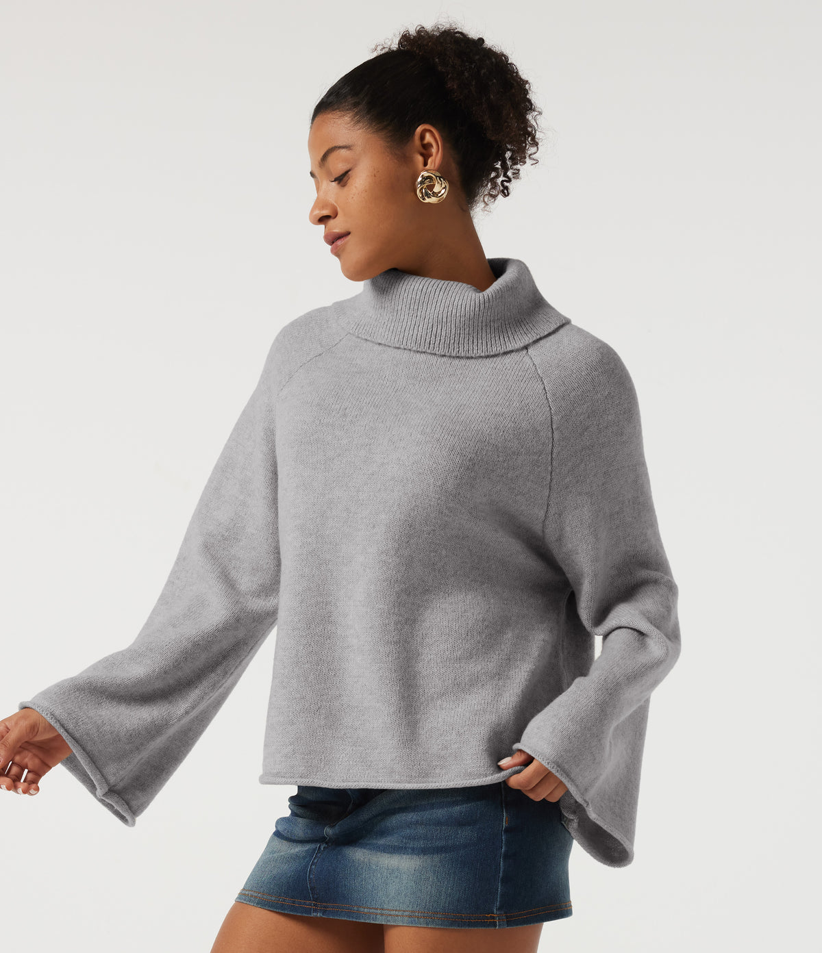 High Neck Long Sleeve Rolled Hem Casual Jumper — Hemp Gray Mix — view 3