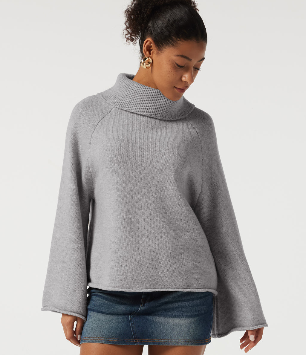 High Neck Long Sleeve Rolled Hem Casual Jumper — Hemp Gray Mix — view 5