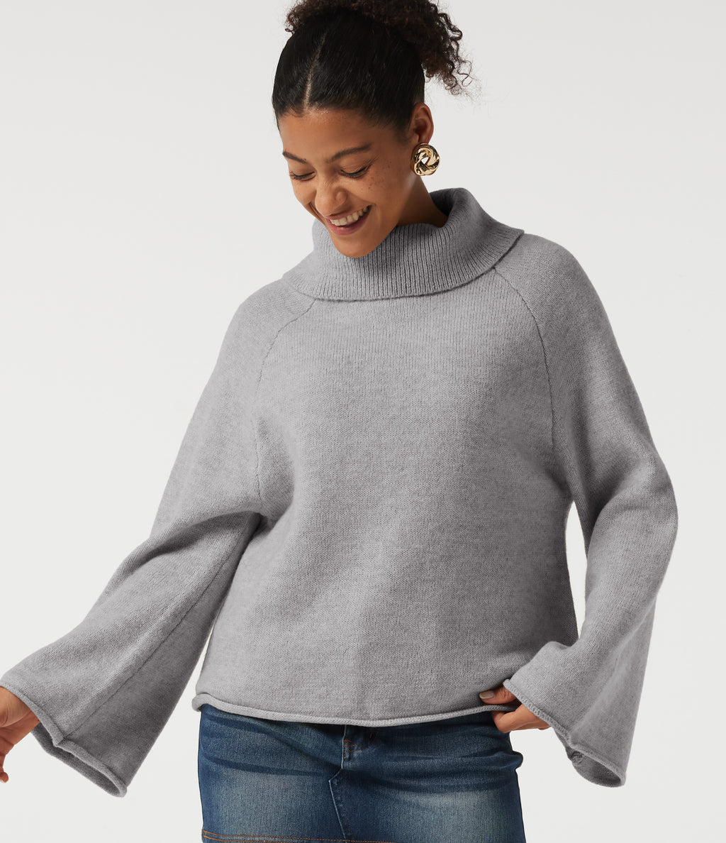 High Neck Long Sleeve Rolled Hem Casual Jumper — Hemp Gray Mix — view 4