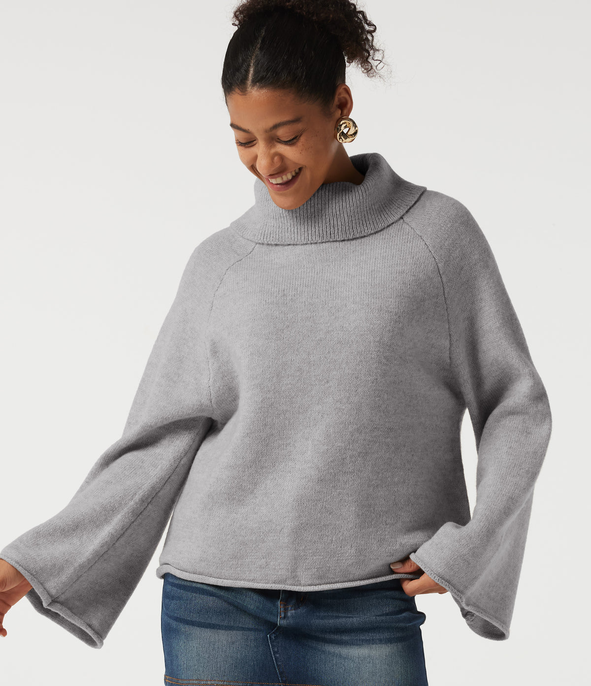 High Neck Long Sleeve Rolled Hem Casual Jumper — Hemp Gray Mix — view 4