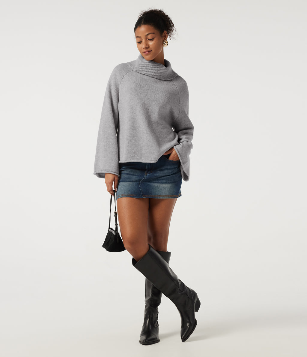 High Neck Long Sleeve Rolled Hem Casual Jumper — Hemp Gray Mix — view 7