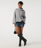 High Neck Long Sleeve Rolled Hem Casual Jumper — Hemp Gray Mix — view 7