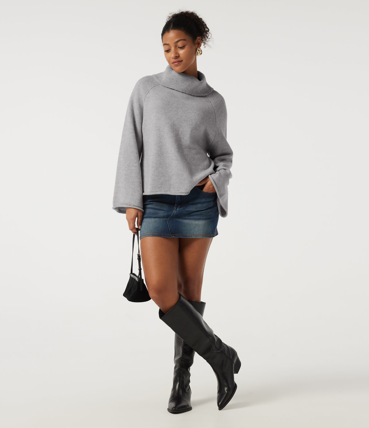 High Neck Long Sleeve Rolled Hem Casual Jumper — Hemp Gray Mix — view 7