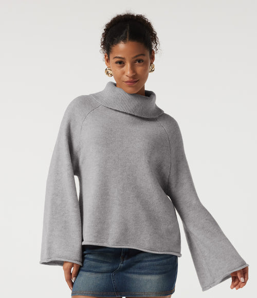 High Neck Long Sleeve Rolled Hem Casual Jumper — Hemp Gray Mix — view 1