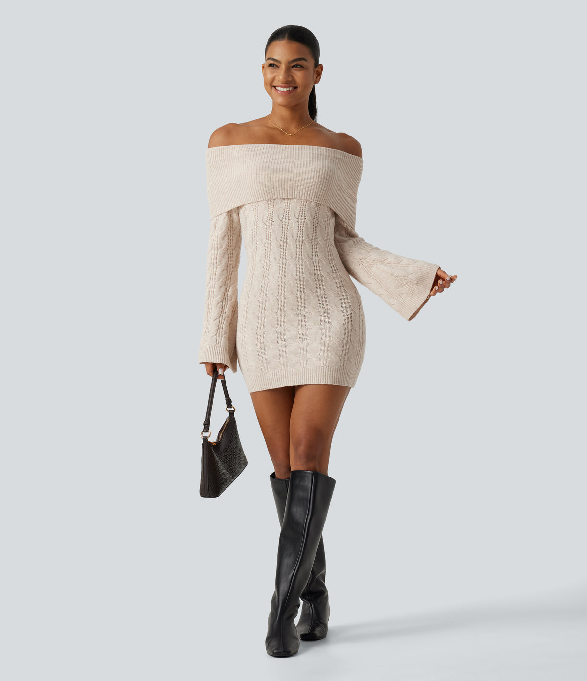 Off Shoulder Flounce Long Sleeve Built-in Bra Mini Casual Sweater Dress — Rice Khaki — view 4