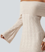 Off Shoulder Flounce Long Sleeve Built-in Bra Mini Casual Sweater Dress — Rice Khaki — view 6