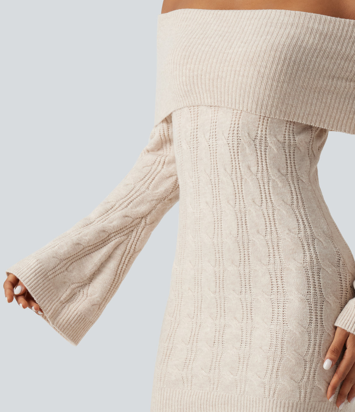 Off Shoulder Flounce Long Sleeve Built-in Bra Mini Casual Sweater Dress — Rice Khaki — view 6