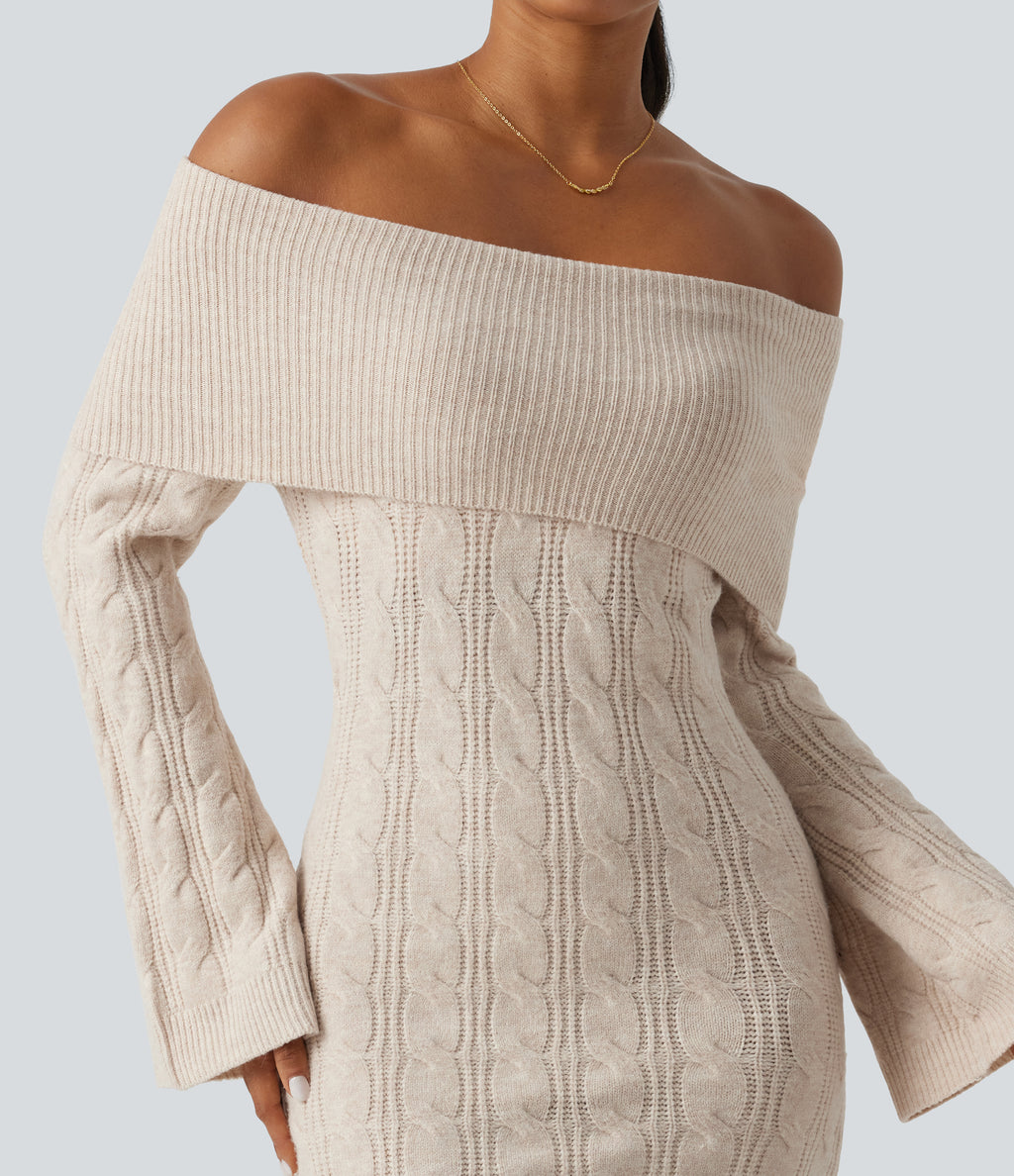 Off Shoulder Flounce Long Sleeve Built-in Bra Mini Casual Sweater Dress — Rice Khaki — view 5