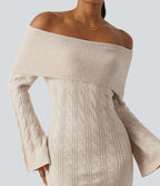 Off Shoulder Flounce Long Sleeve Built-in Bra Mini Casual Sweater Dress — Rice Khaki — view 5