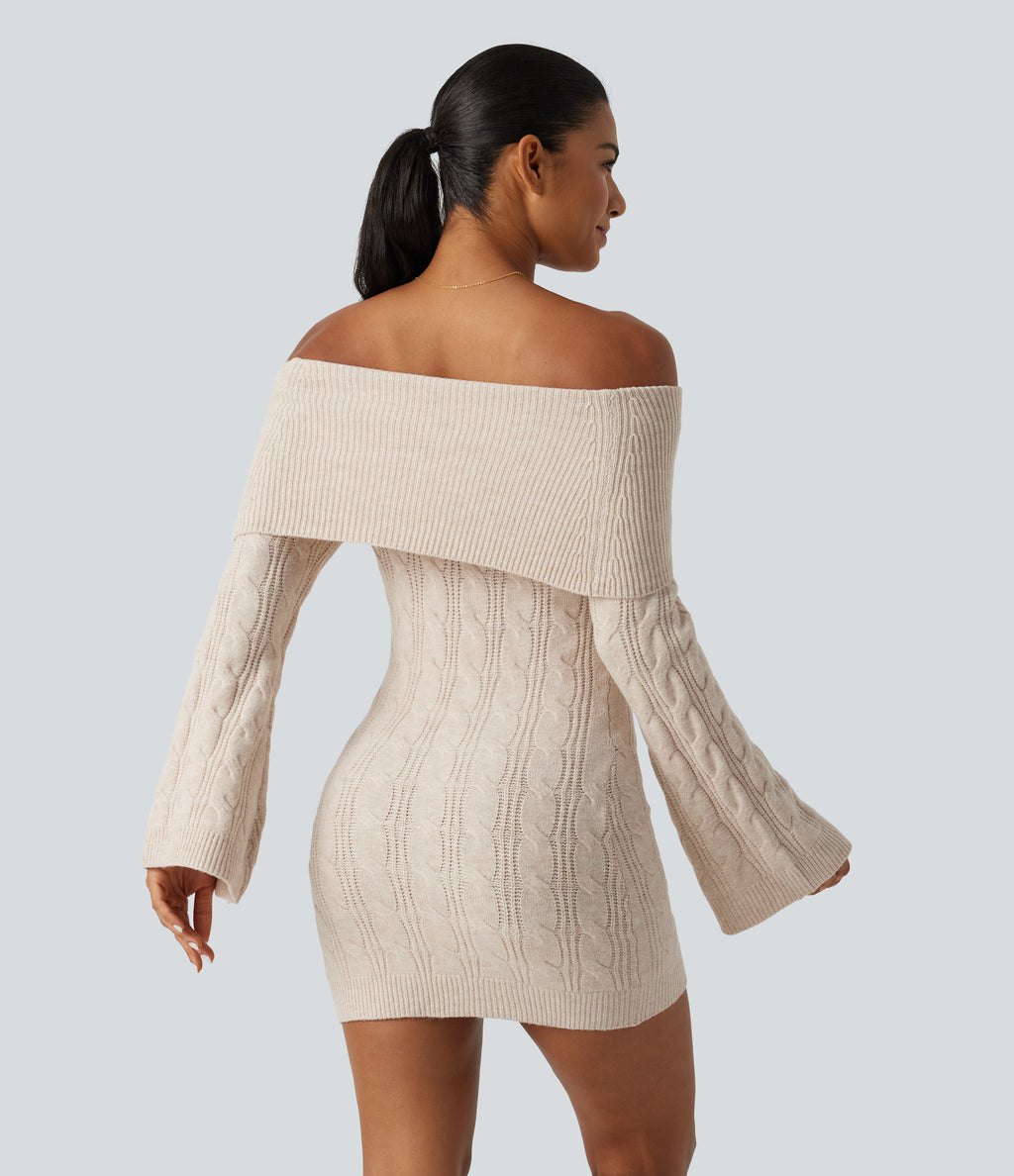 Off Shoulder Flounce Long Sleeve Built-in Bra Mini Casual Sweater Dress — Rice Khaki — view 2