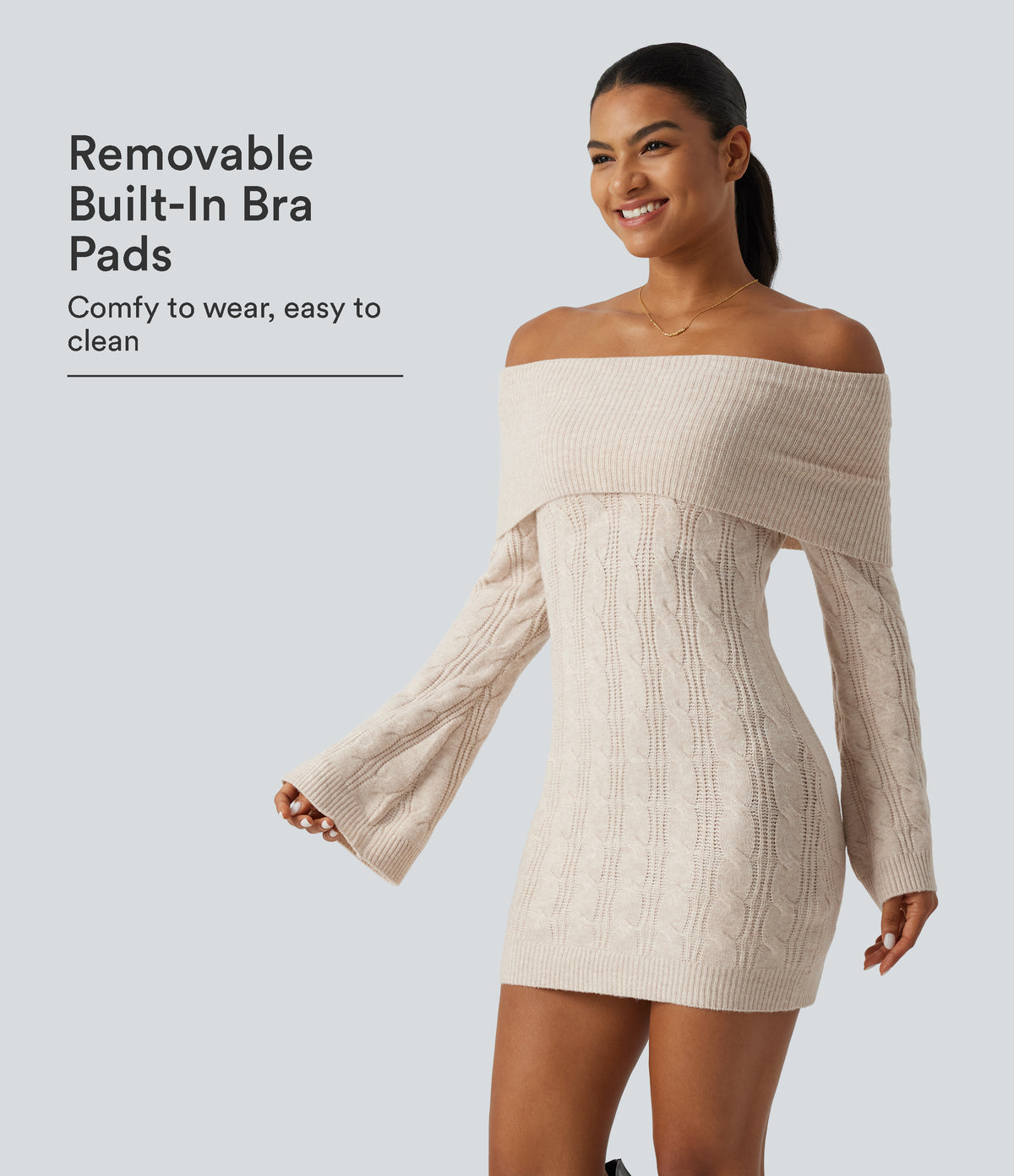 Off Shoulder Flounce Long Sleeve Built-in Bra Mini Casual Sweater Dress — Rice Khaki — view 1