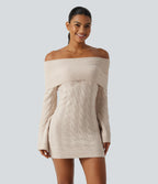 Off Shoulder Flounce Long Sleeve Built-in Bra Mini Casual Sweater Dress — Rice Khaki — view 3