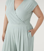 Plus Size V Neck Short Sleeve Pocket Wide Leg Flowy Waffle Casual Jumpsuit-Edition — Frost Clear Haze — view 3