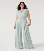 Plus Size V Neck Short Sleeve Pocket Wide Leg Flowy Waffle Casual Jumpsuit-Edition — Frost Clear Haze — view 4