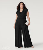 Plus Size V Neck Short Sleeve Pocket Wide Leg Flowy Waffle Casual Jumpsuit-Edition — Black — additional view