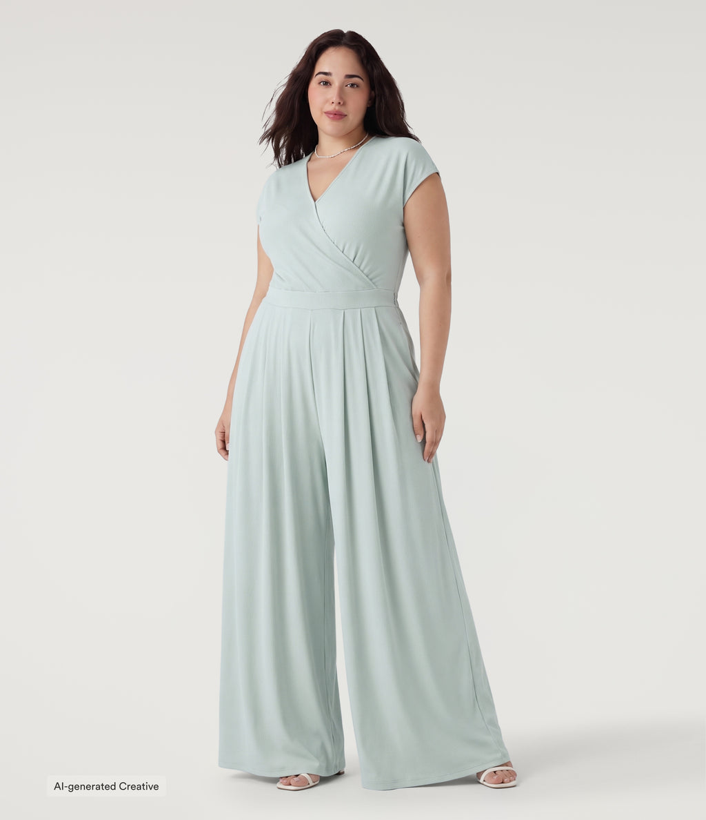 Plus Size V Neck Short Sleeve Pocket Wide Leg Flowy Waffle Casual Jumpsuit-Edition — Frost Clear Haze — view 1